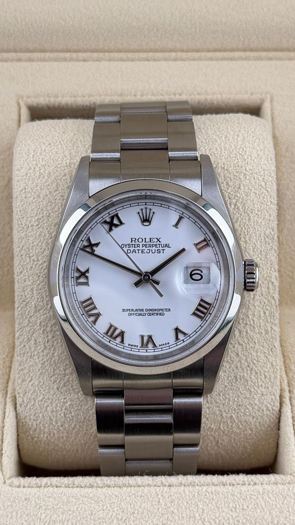 2003 Rolex Date-Just 36 White Roman 16200 (Watch,Box & Booklets)