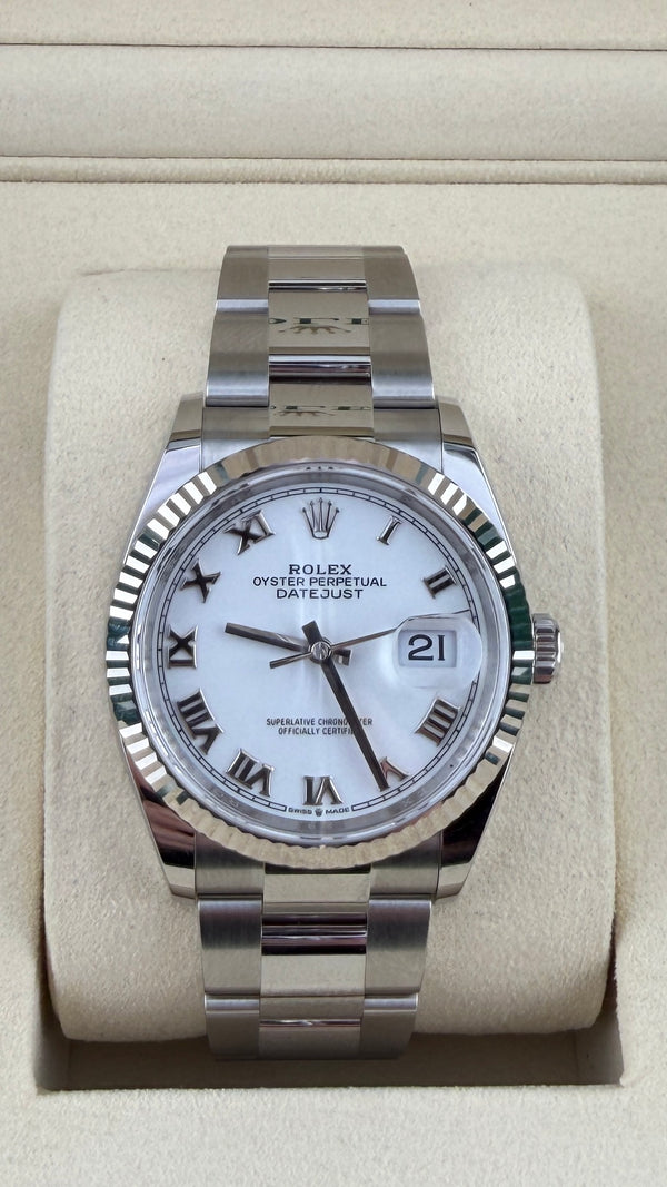 New 2026 Rolex Date-Just 36 White Roman 126234 (Complete Set Green Inner And Outer Box, 2X Tags, Booklets + Card)