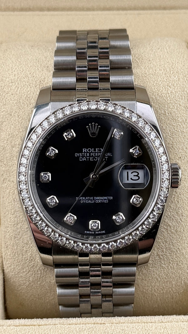 Rolex Date-Just 36 Black Diamond Bezel & Dial 116224 (Watch,Booklets & Box)