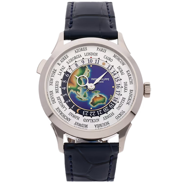 Patek Philippe Complications Blue Dial World Time White Gold Leather Strap 39mm