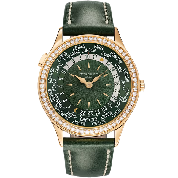Patek Philippe Complications Green Dial World Time Rose Gold Diamond Bezel Leather Strap 36mm