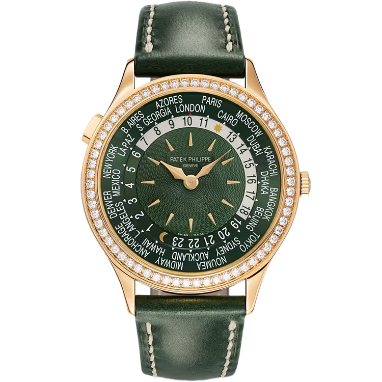Patek Philippe Complications Green Dial World Time Rose Gold Diamond Bezel Leather Strap 36mm - Image 1