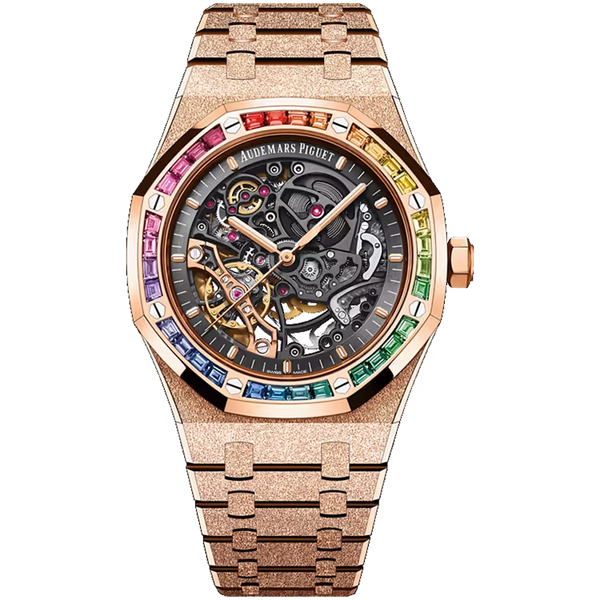 Audemars Piguet Royal Oak Skeleton Dial Double Balance Wheel Rose Gold Frosted Rainbow Bezel 41mm