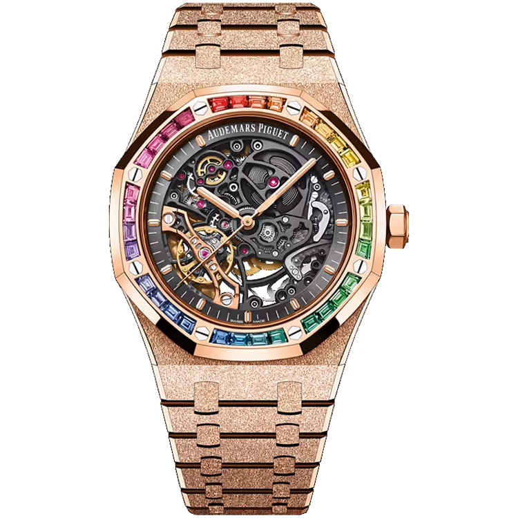 Audemars Piguet Royal Oak Skeleton Dial Double Balance Wheel Rose Gold Frosted Rainbow Bezel 41mm - Image 1