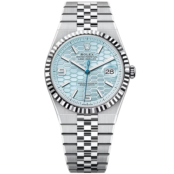 Rolex Land-Dweller 40 Ice Blue Honeycomb Dial Platinum Fluted Bezel Flat Jubilee Bracelet 40mm
