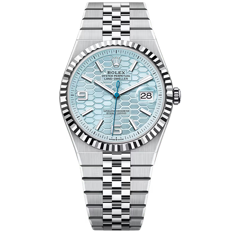 Rolex Land-Dweller 40 Ice Blue Honeycomb Dial Platinum Fluted Bezel Flat Jubilee Bracelet 40mm - Image 1