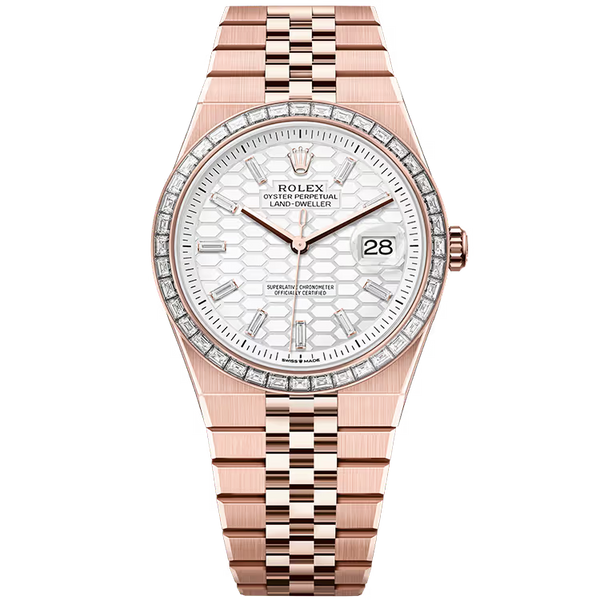 Rolex Land-Dweller 40 White Honeycomb Diamond Dial Rose Gold Diamond Bezel Flat Jubilee Bracelet 40mm