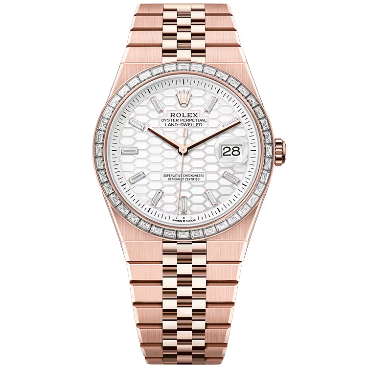 Rolex Land-Dweller 40 White Honeycomb Diamond Dial Rose Gold Diamond Bezel Flat Jubilee Bracelet 40mm - Image 1