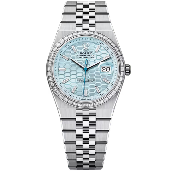 Rolex Land-Dweller 36 Ice Blue Honeycomb Diamond Dial Platinum Diamond Bezel Flat Jubilee Bracelet 36mm