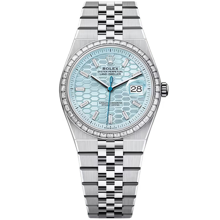Rolex Land-Dweller 36 Ice Blue Honeycomb Diamond Dial Platinum Diamond Bezel Flat Jubilee Bracelet 36mm - Image 1