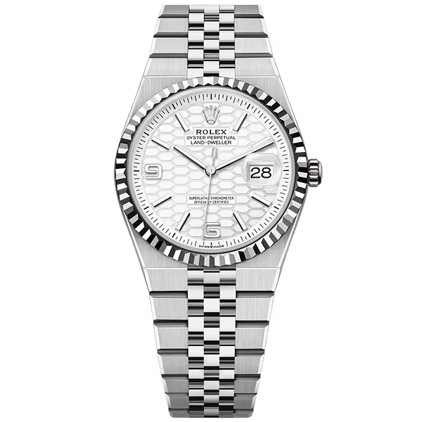 Rolex Land-Dweller 36 White Honeycomb Dial Oystersteel & White Gold Fluted Bezel Flat Jubilee Bracelet 36mm