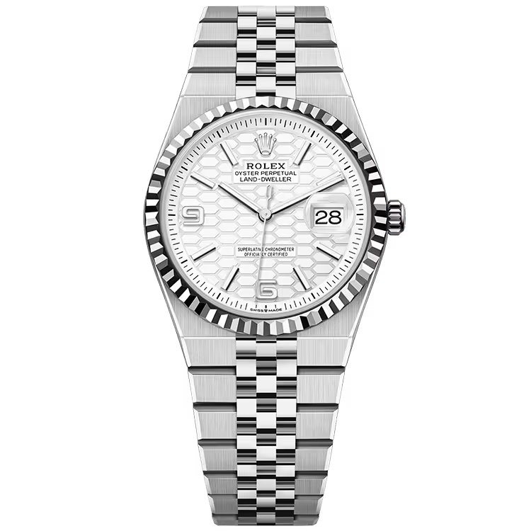 Rolex Land-Dweller 36 White Honeycomb Dial Oystersteel & White Gold Fluted Bezel Flat Jubilee Bracelet 36mm - Image 1