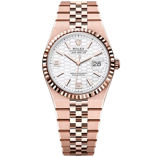 Rolex Land-Dweller 36 White Honeycomb Dial Rose Gold Fluted Bezel Flat Jubilee Bracelet 36mm