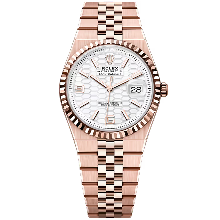 Rolex Land-Dweller 36 White Honeycomb Dial Rose Gold Fluted Bezel Flat Jubilee Bracelet 36mm - Image 1