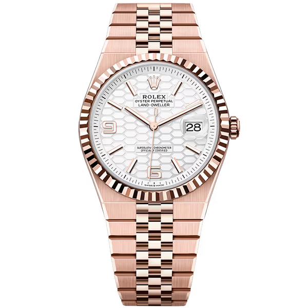 Rolex Land-Dweller 40 White Honeycomb Dial Rose Gold Fluted Bezel Flat Jubilee Bracelet 40mm