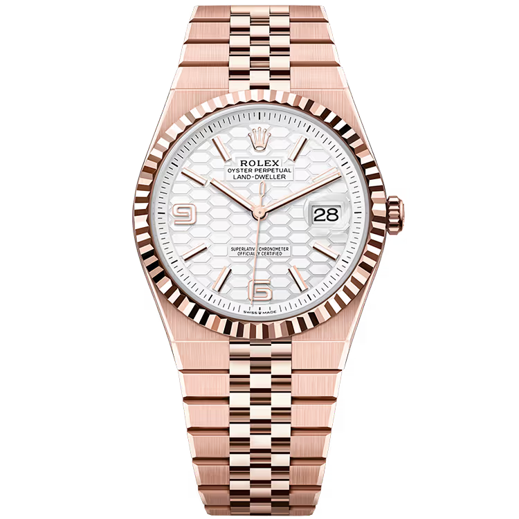 Rolex Land-Dweller 40 White Honeycomb Dial Rose Gold Fluted Bezel Flat Jubilee Bracelet 40mm - Image 1