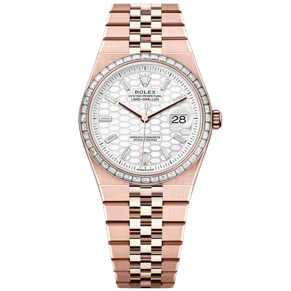 Rolex Land-Dweller 36 White Honeycomb Diamond Dial Rose Gold Diamond Bezel Flat Jubilee Bracelet 36mm