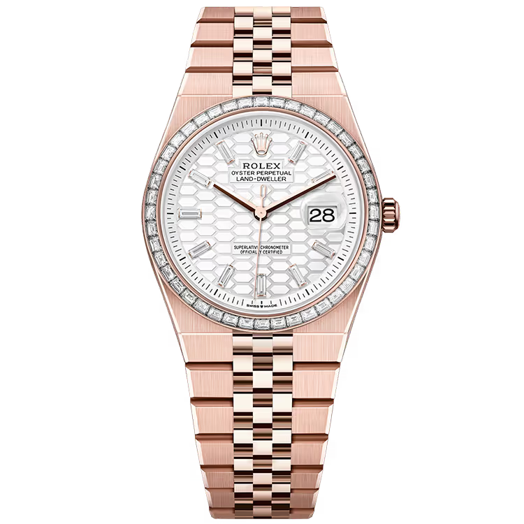 Rolex Land-Dweller 36 White Honeycomb Diamond Dial Rose Gold Diamond Bezel Flat Jubilee Bracelet 36mm - Image 1