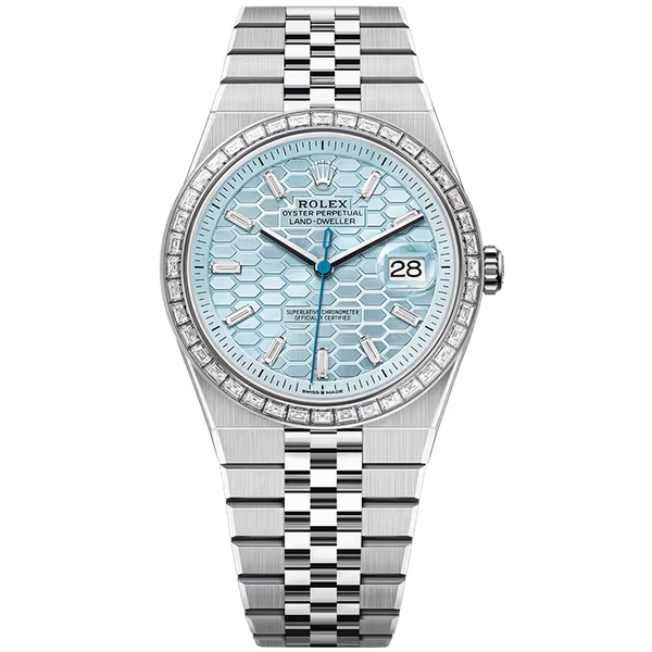 Rolex Land-Dweller 40 Ice Blue Honeycomb Diamond Dial Platinum Diamond Bezel Flat Jubilee Bracelet 40mm