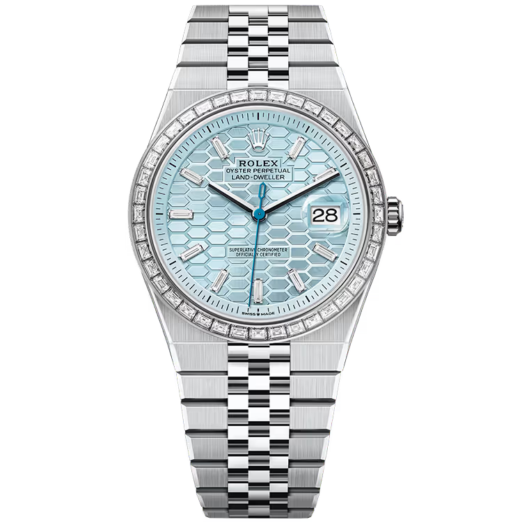 Rolex Land-Dweller 40 Ice Blue Honeycomb Diamond Dial Platinum Diamond Bezel Flat Jubilee Bracelet 40mm - Image 1