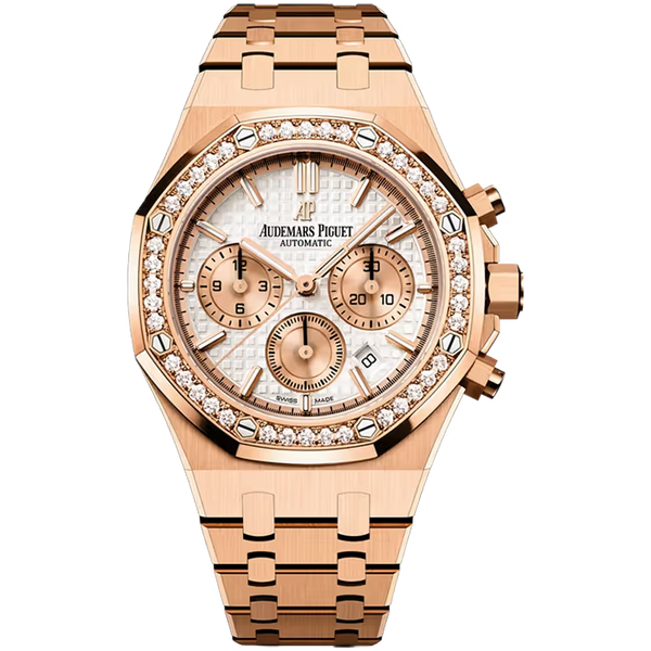 Audemars Piguet Royal Oak White Dial Chronograph Rose Gold Diamond Bezel 38mm