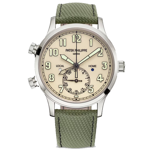 Patek Philippe Complications White Dial Calatrava Pilot Travel Time White Gold Rubber Strap 42mm