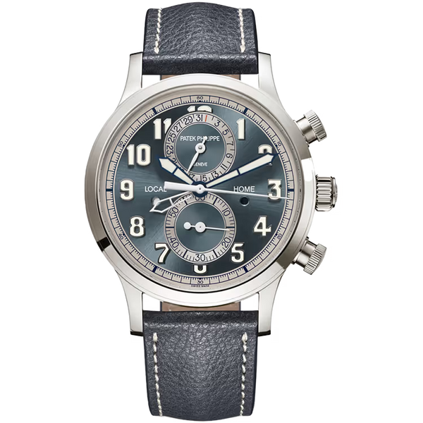 Patek Philippe Complications Blue Dial Calatrava Pilot Travel Time Chronograph White Gold Leather Strap 42mm