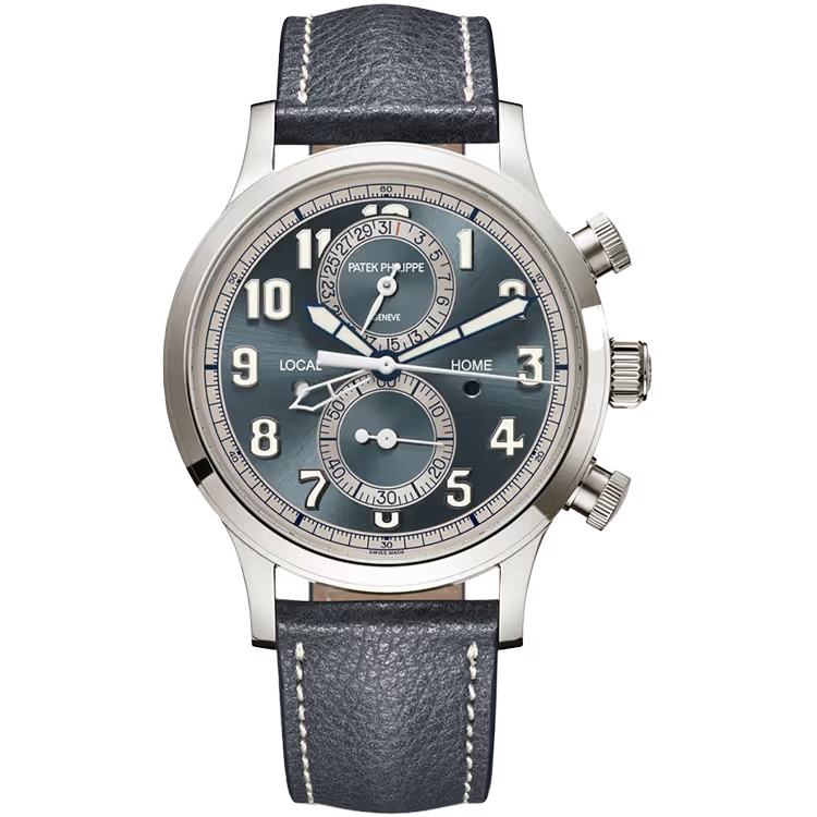 Patek Philippe Complications Blue Dial Calatrava Pilot Travel Time Chronograph White Gold Leather Strap 42mm - Image 1