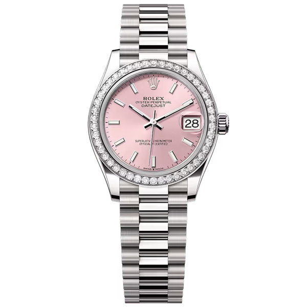 Rolex Datejust 31 Pink Dial White Gold Diamond Bezel Presidential Bracelet 31mm