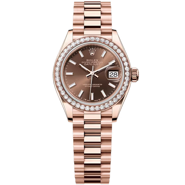 Rolex Datejust 28 Chocolate Dial Rose Gold Diamond Bezel Presidential Bracelet 28mm