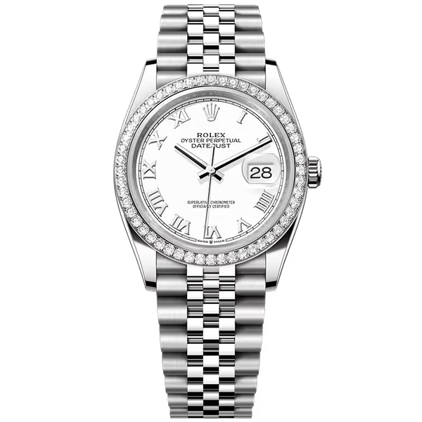 Rolex Datejust 36 White Roman Dial Stainless Steel Diamond Bezel Jubilee Bracelet 36mm