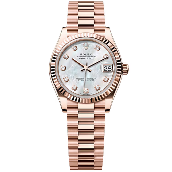 Rolex Datejust 31 Mother of Pearl Diamond Dial Rose Gold Fluted Bezel Presidential Bracelet 31mm