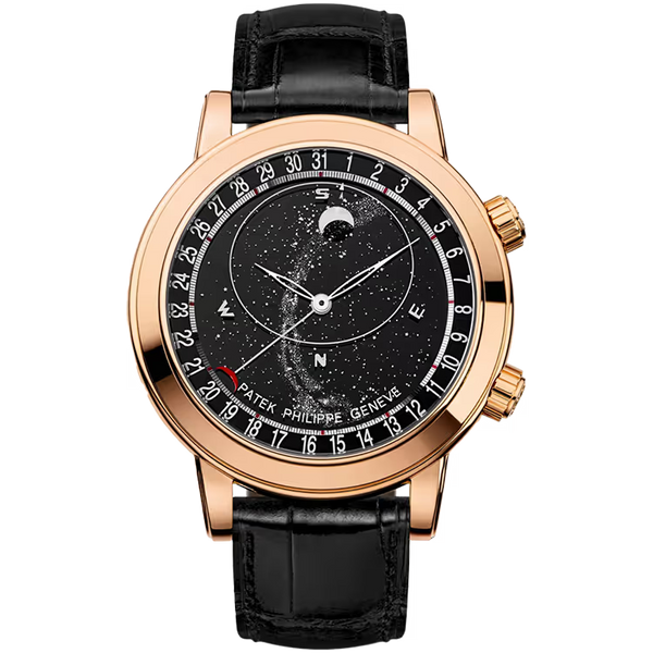 Patek Philippe Grand Complications Black Dial Celestial Moon Age Rose Gold Leather Strap 44mm
