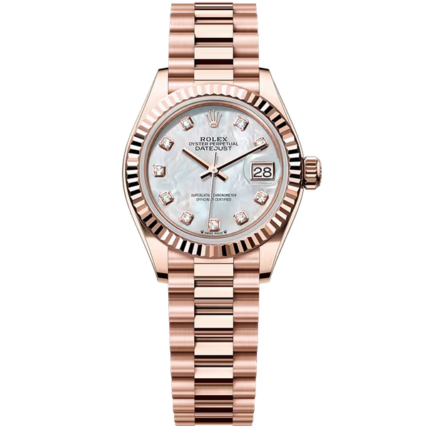 Rolex Datejust 28 Mother of Pearl Diamond Dial Rose Gold Fluted Bezel Presidential Bracelet 28mm