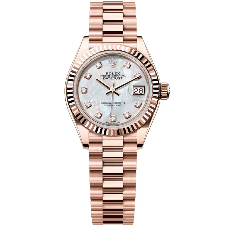 Rolex Datejust 28 Mother of Pearl Diamond Dial Rose Gold Fluted Bezel Presidential Bracelet 28mm - Image 1