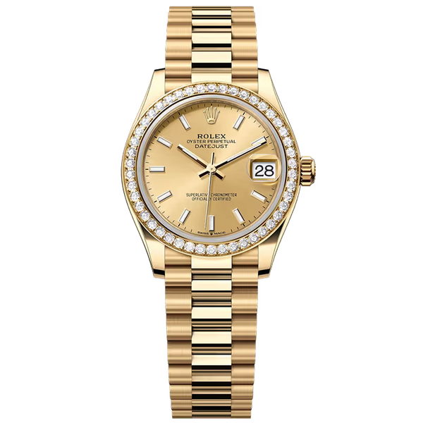 Rolex Datejust 31 Champagne Dial Yellow Gold Diamond Bezel Presidential Bracelet 31mm