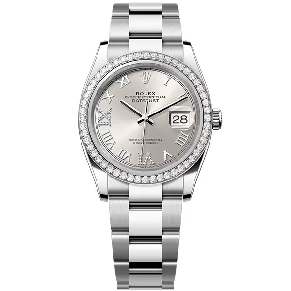 Rolex Datejust 36 Silver Roman Dial Stainless Steel Diamond Bezel Oyster Bracelet 36mm