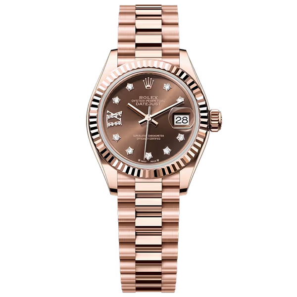 Rolex Datejust 28 Chocolate Single Roman Diamond Dial Rose Gold Fluted Bezel Presidential Bracelet 28mm