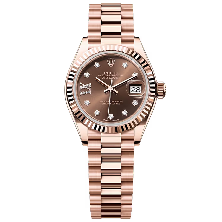 Rolex Datejust 28 Chocolate Single Roman Diamond Dial Rose Gold Fluted Bezel Presidential Bracelet 28mm - Image 1