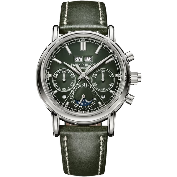 Patek Philippe Grand Complications Green Dial Perpetual Calendar Chronograph White Gold Leather Strap 40mm