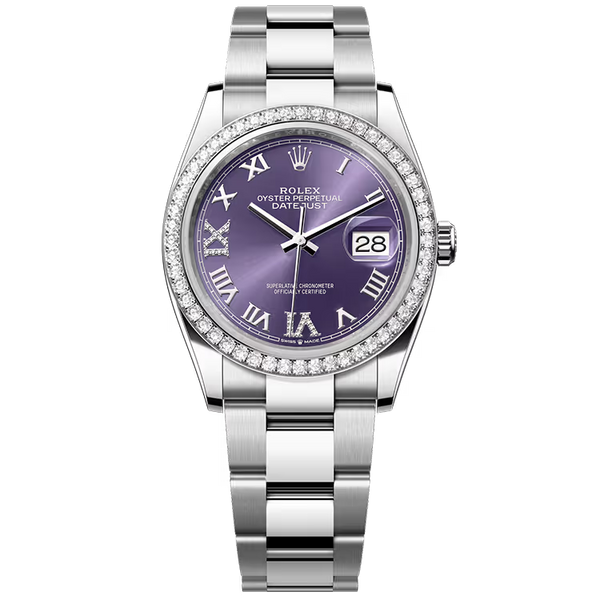 Rolex Datejust 36 Purple Roman Diamond Dial Stainless Steel Diamond Bezel Oyster Bracelet 36mm