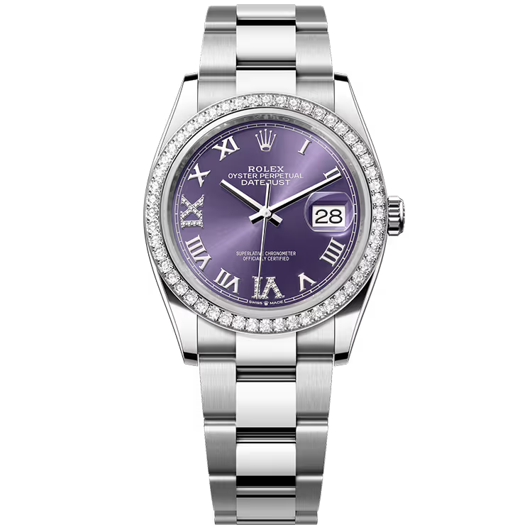 Rolex Datejust 36 Purple Roman Diamond Dial Stainless Steel Diamond Bezel Oyster Bracelet 36mm - Image 1