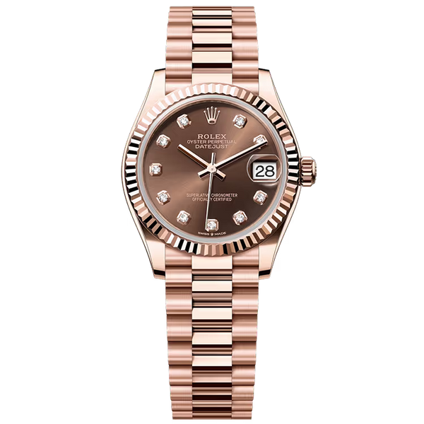 Rolex Datejust 31 Chocolate Diamond Dial Rose Gold Fluted Bezel Presidential Bracelet 31mm