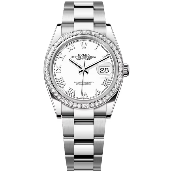 Rolex Datejust 36 White Roman Dial Stainless Steel Diamond Bezel Oyster Bracelet 36mm