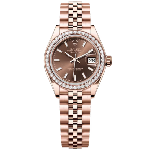 Rolex Datejust 28 Chocolate Dial Rose Gold Diamond Bezel Jubilee Bracelet 28mm
