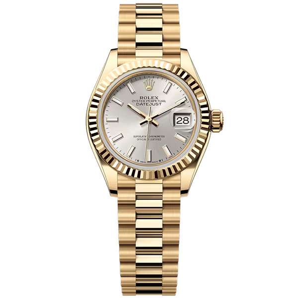 Rolex Datejust 28 Silver Dial Yellow Gold Fluted Bezel Presidential Bracelet 28mm