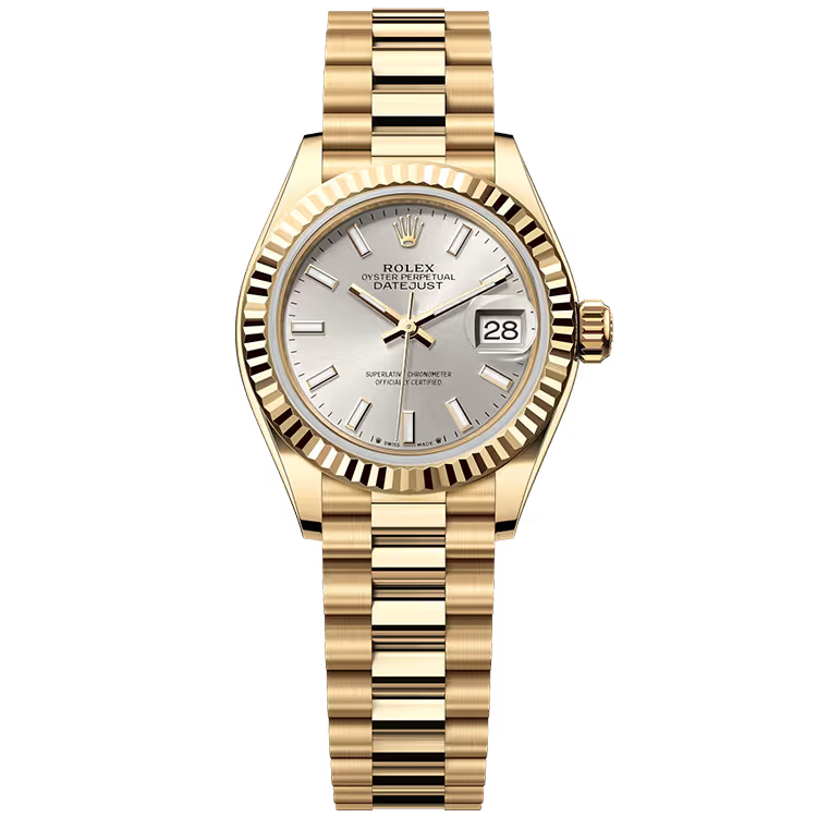 Rolex Datejust 28 Silver Dial Yellow Gold Fluted Bezel Presidential Bracelet 28mm - Image 1