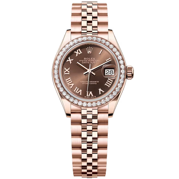 Rolex Datejust 28 Chocolate Roman Dial Rose Gold Diamond Bezel Jubilee Bracelet 28mm
