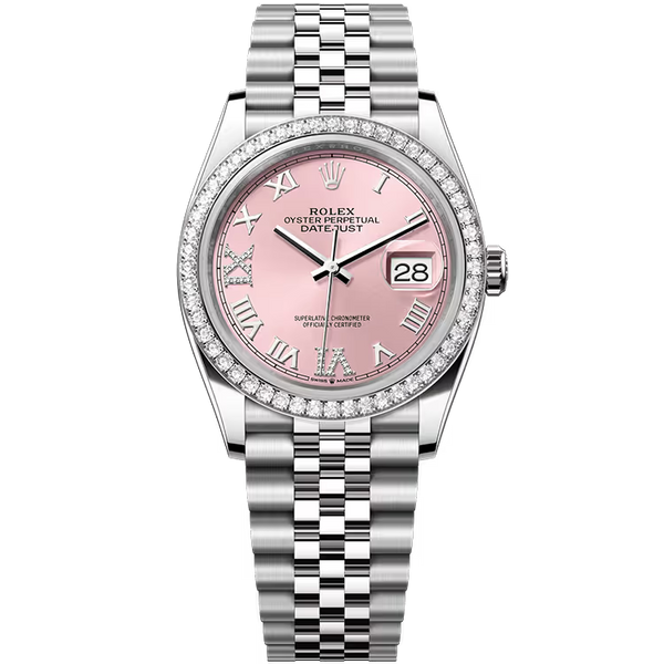 Rolex Datejust 36 Pink Roman Dial Stainless Steel Diamond Bezel Jubilee Bracelet 36mm