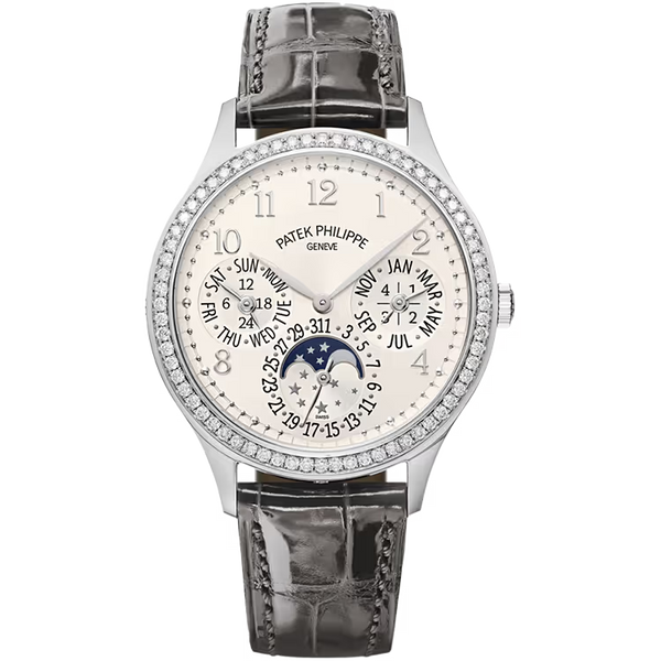 Patek Philippe Grand Complications White Dial Perpetual Calendar White Gold Diamond Bezel Leather Strap 35mm